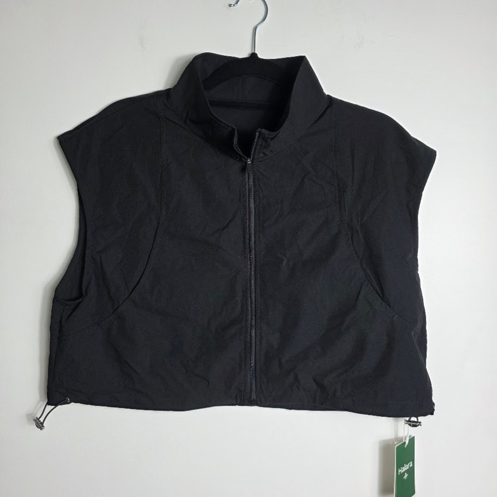 Halara‎ Black Cropped Vest Sleeveless Zip Up Drawstring Pockets Athletic